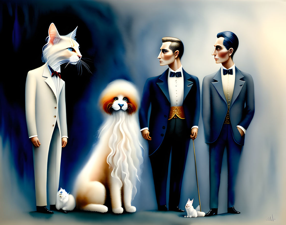 Stylized characters with animal heads in formal attire with cat and dog