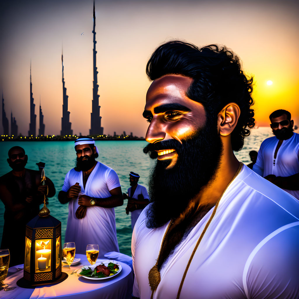 Bearded man with lantern at sunset gathering near Burj Khalifa.