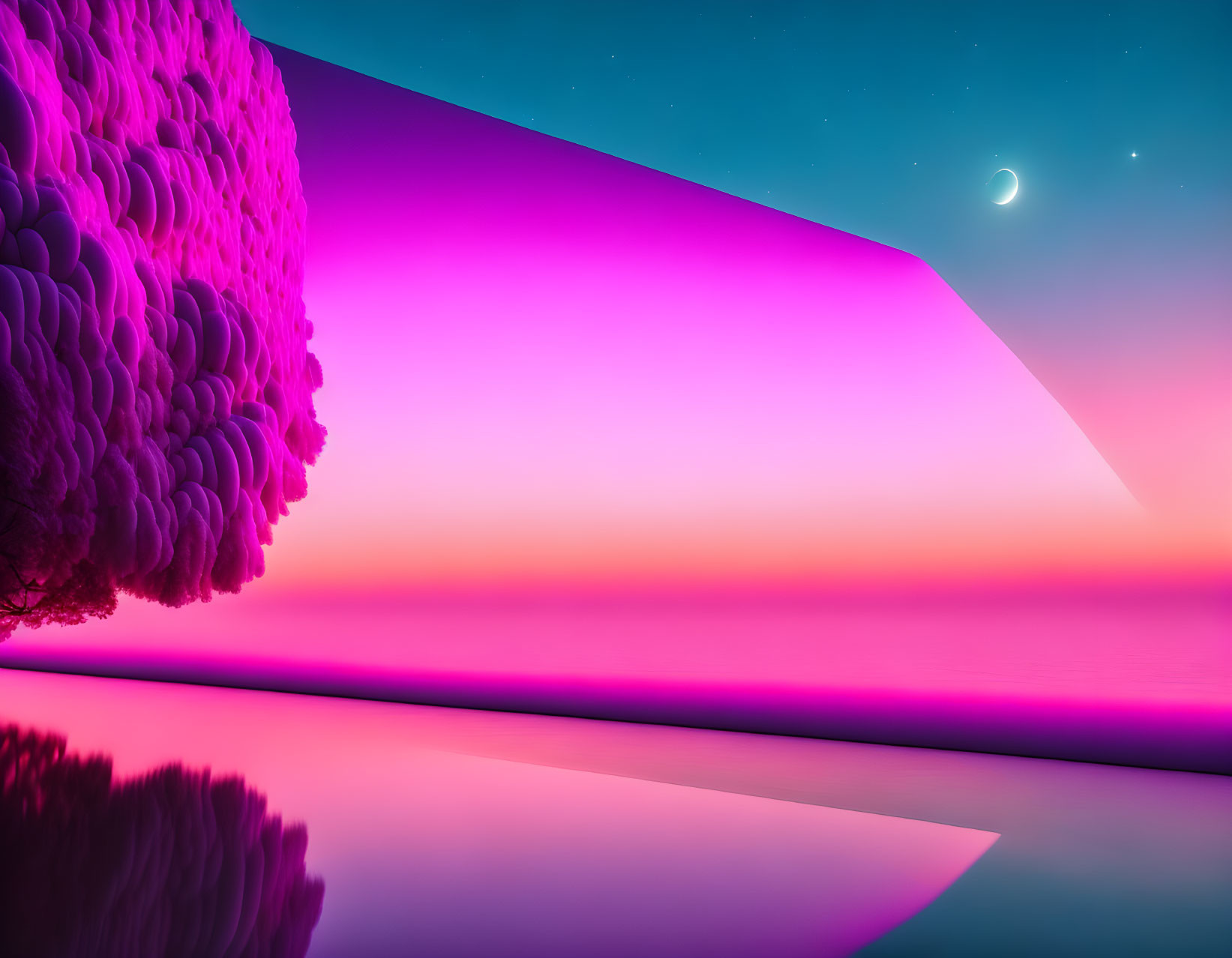 Colorful landscape with oversized fluffy tree, gradient sky, crescent moon, and bright star.