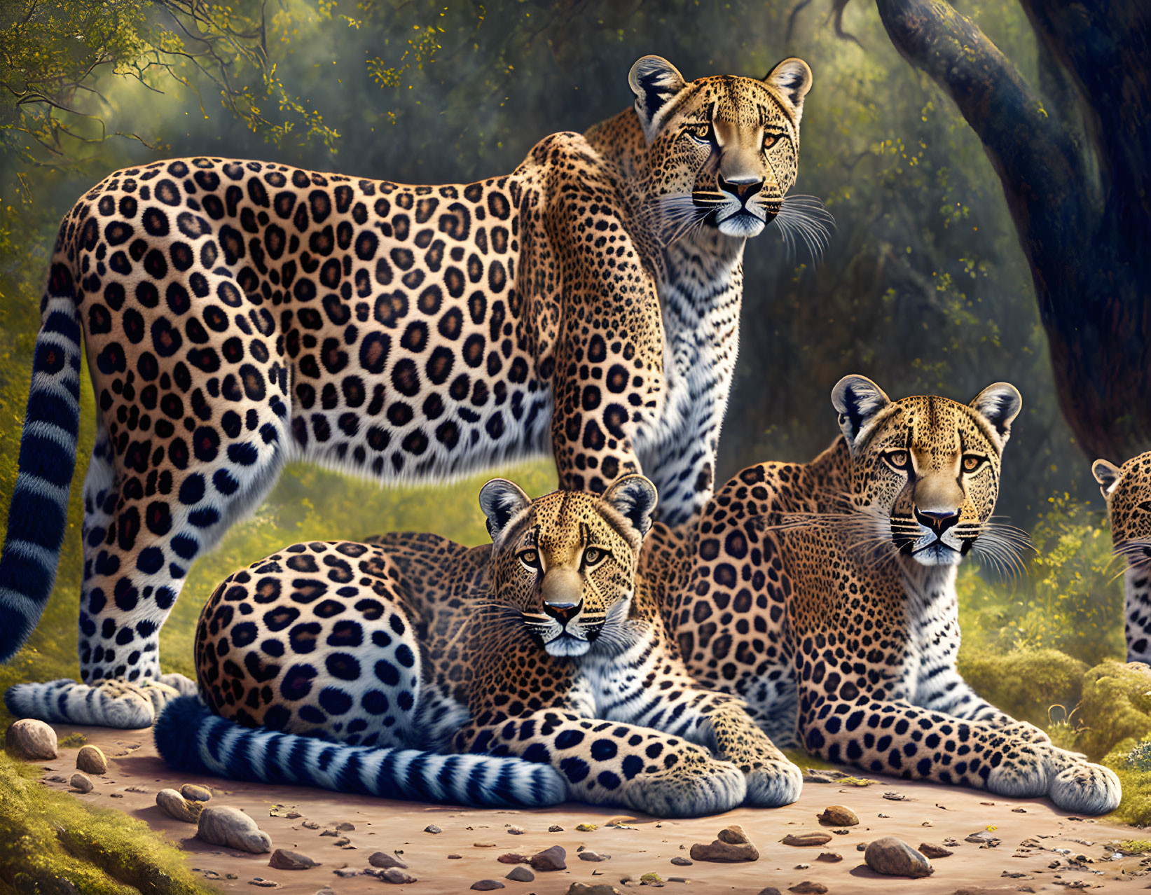 Three Cheetahs Resting in Lush Forest Clearing