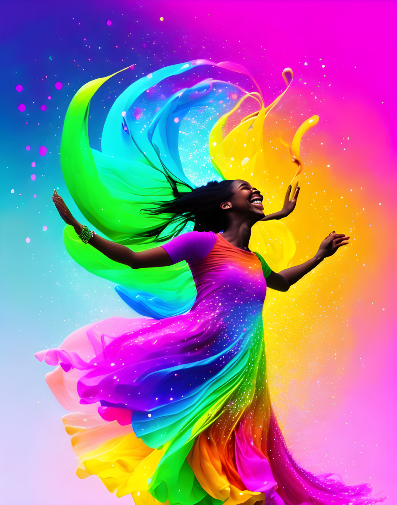 Colorful abstract swirl with joyful woman in vibrant dress