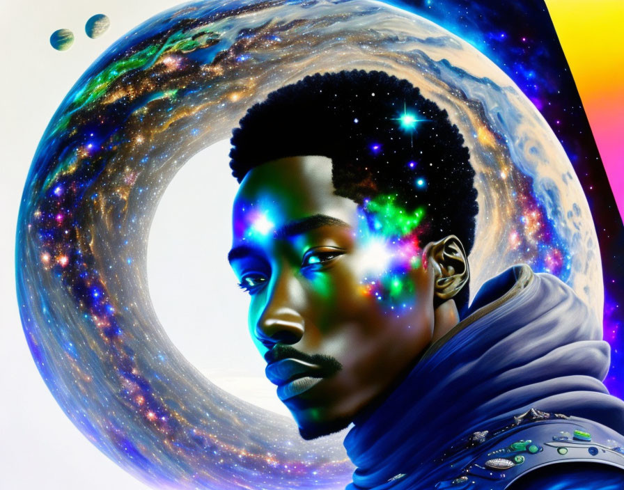 Man with Cosmic Features in Surreal Space Scene with Planet and Stars