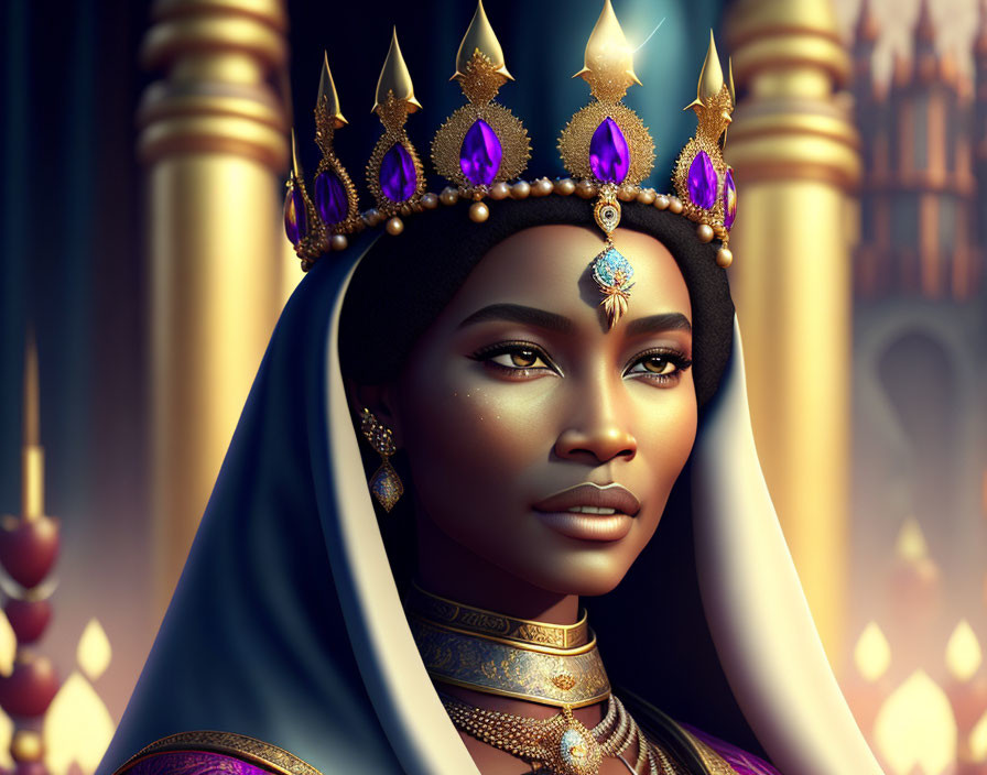 Regal woman with golden crown and royal robe next to lit candles