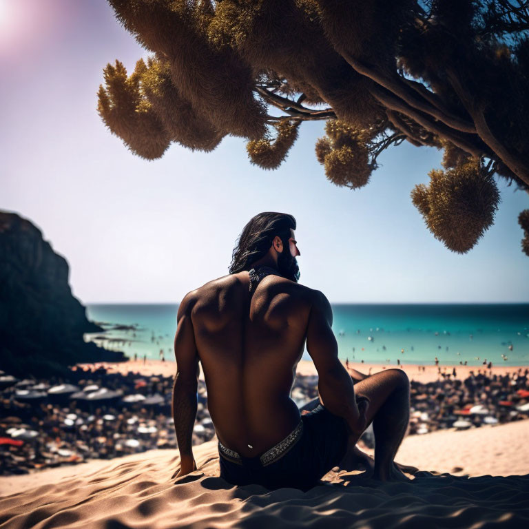 Bearded man sitting shirtless on beach with crowded seaside and cliffs, under unique tree and clear sky