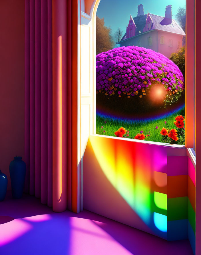 Colorful room with rainbow light and garden view.