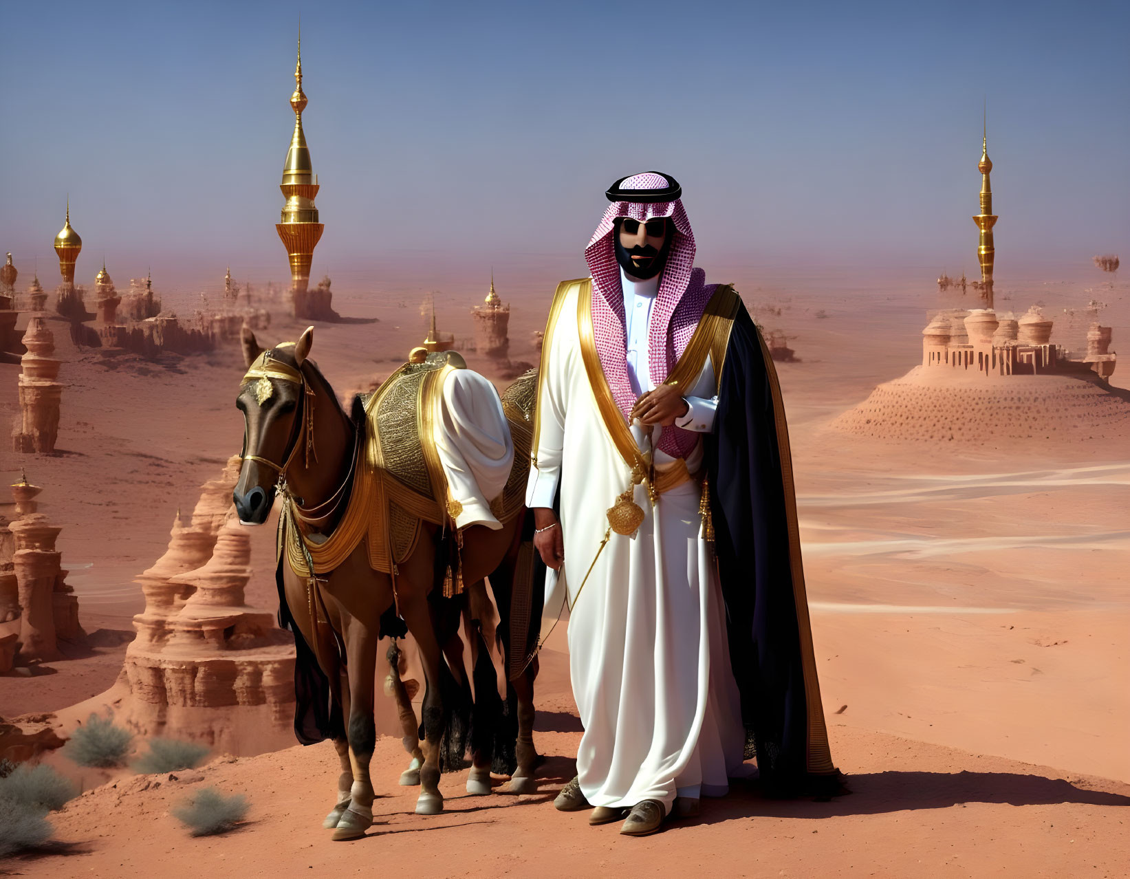 Man in traditional Middle Eastern attire with horse in desert landscape