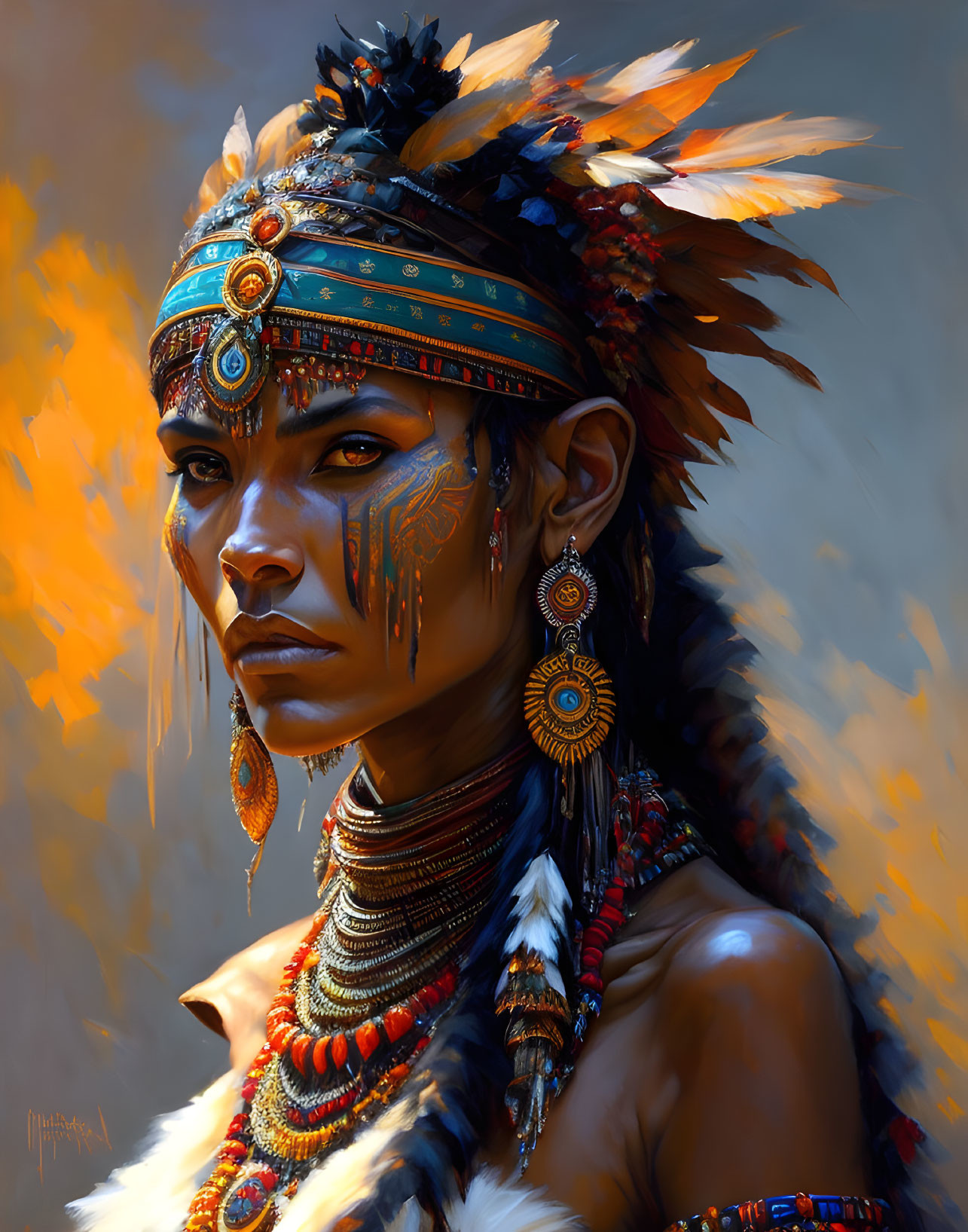 Portrait of Person in Indigenous Attire with Feathered Headdress and Face Paint