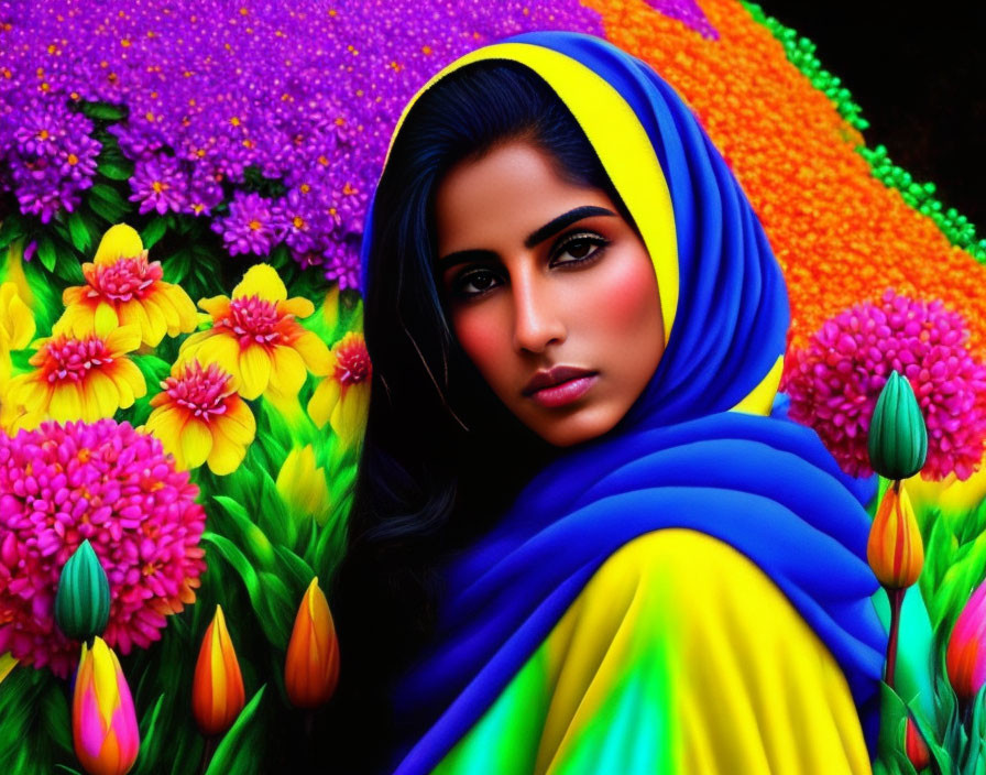 Striking-eyed woman in colorful shawl amid vibrant flower backdrop