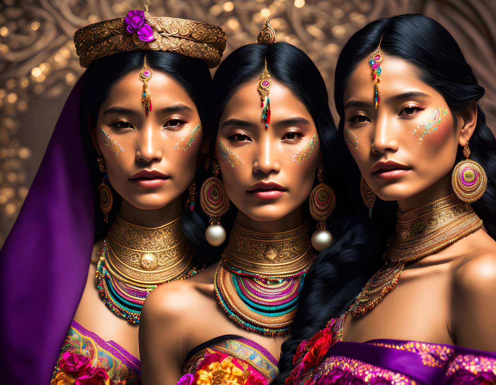 Women in Traditional South Asian Attire and Gold Jewelry