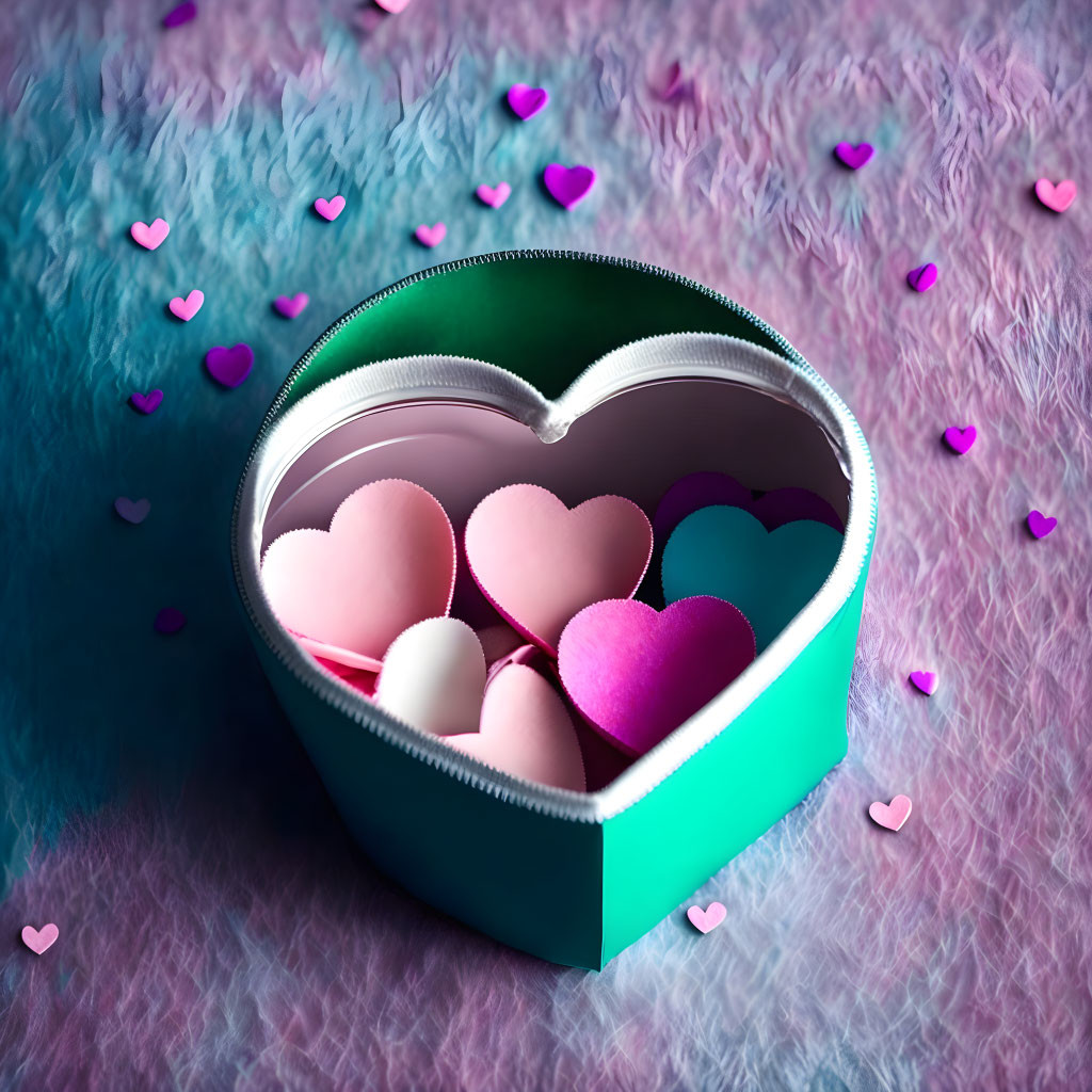 Heart-shaped box with multicolored paper hearts on textured surface