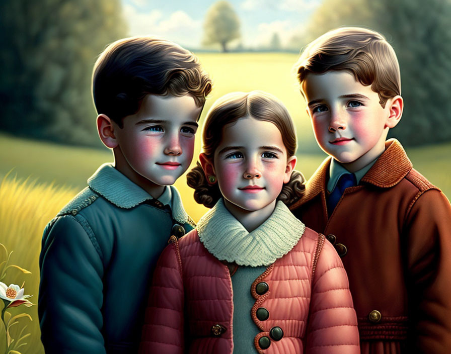 Three serene children in vintage clothing outdoors