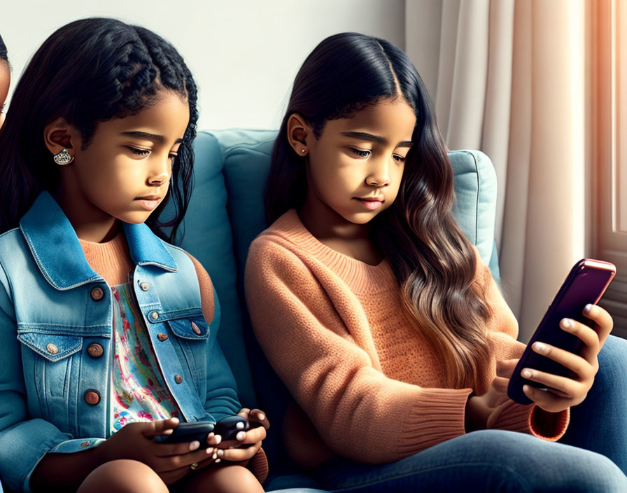 Two girls sitting side by side: one holding a game controller, the other using a smartphone.