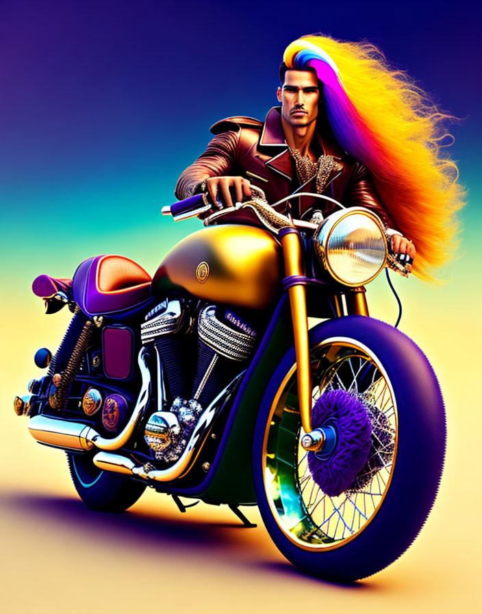 Colorful Stylized Man on Retro Motorcycle Illustration