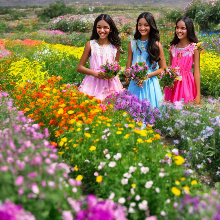 Three Smiling Girls in Colorful Dresses Holding Flowers in Vibrant Garden