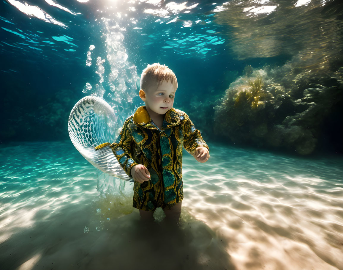 Child in patterned shirt underwater with sparkling light effect