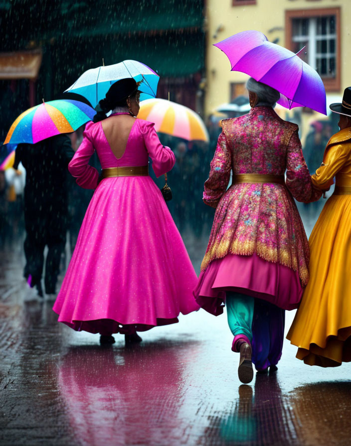 Three women in traditional dresses with colorful umbrellas walk on rainy street