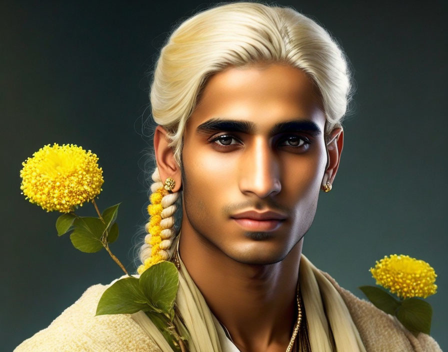 Platinum blond man with tanned skin and flower-adorned braid in cream outfit