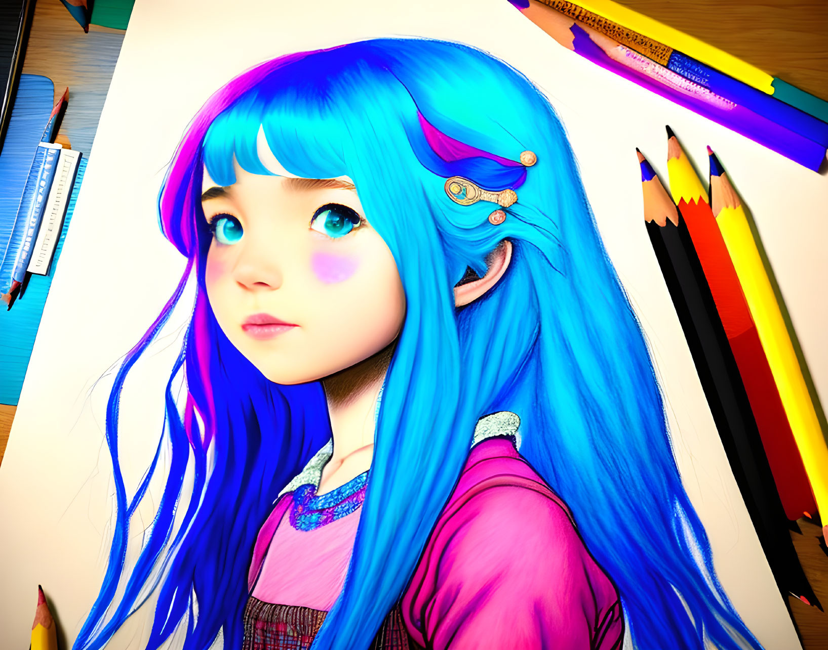 Vibrant blue-haired girl with elfin ears surrounded by colorful pencils