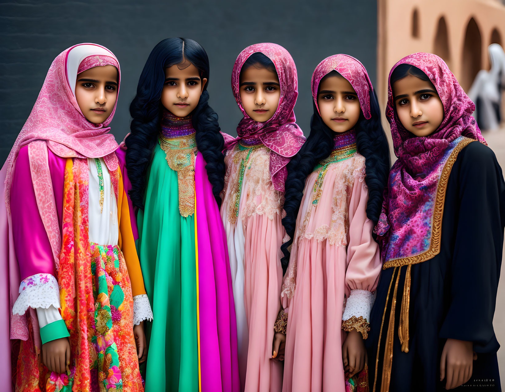 Group of young girls in colorful traditional dresses and hijabs posing for a photo