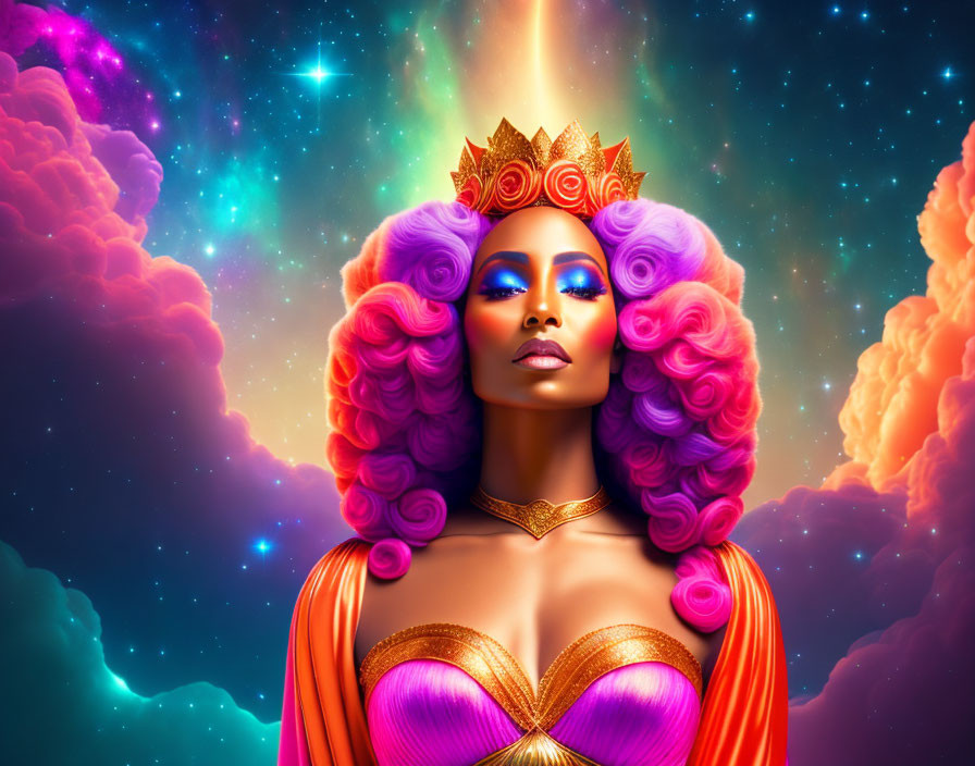 Cosmic background with majestic woman wearing crown & pink hair