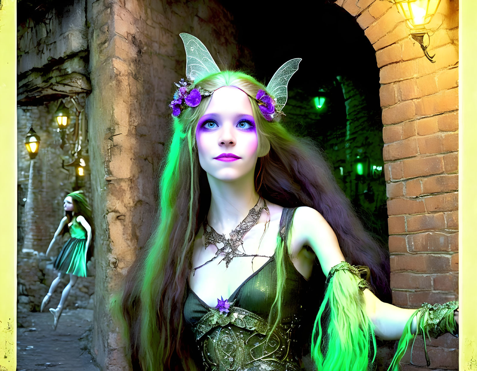 Fantasy-themed image of woman with purple skin and green hair in mystical alleyway