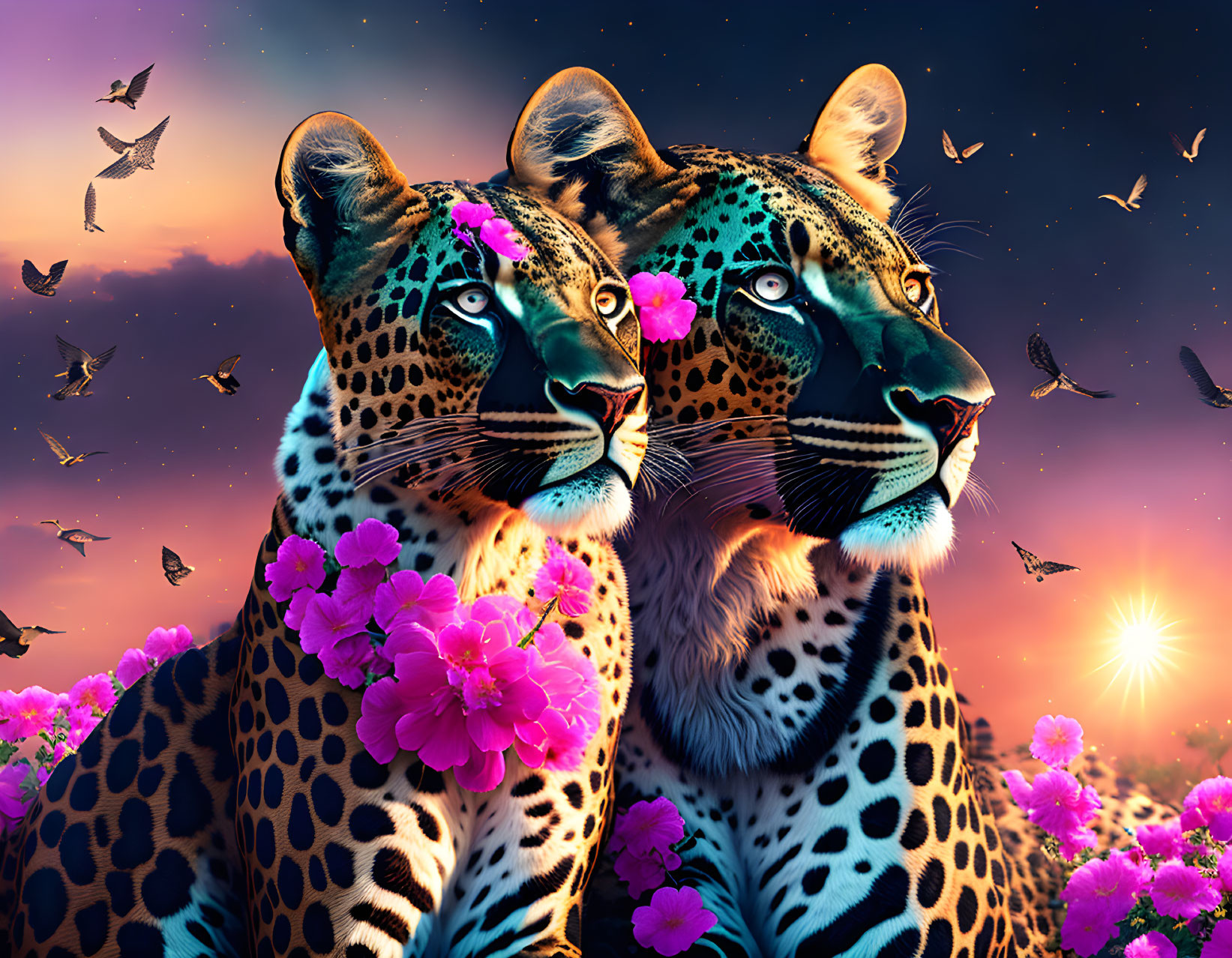 Leopards with pink flowers under starry sky and setting sun