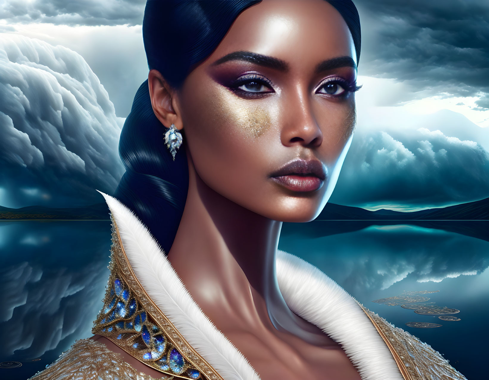 Digital Art Portrait: Woman with Striking Makeup and Gold Adornments against Dramatic Sky and Reflect