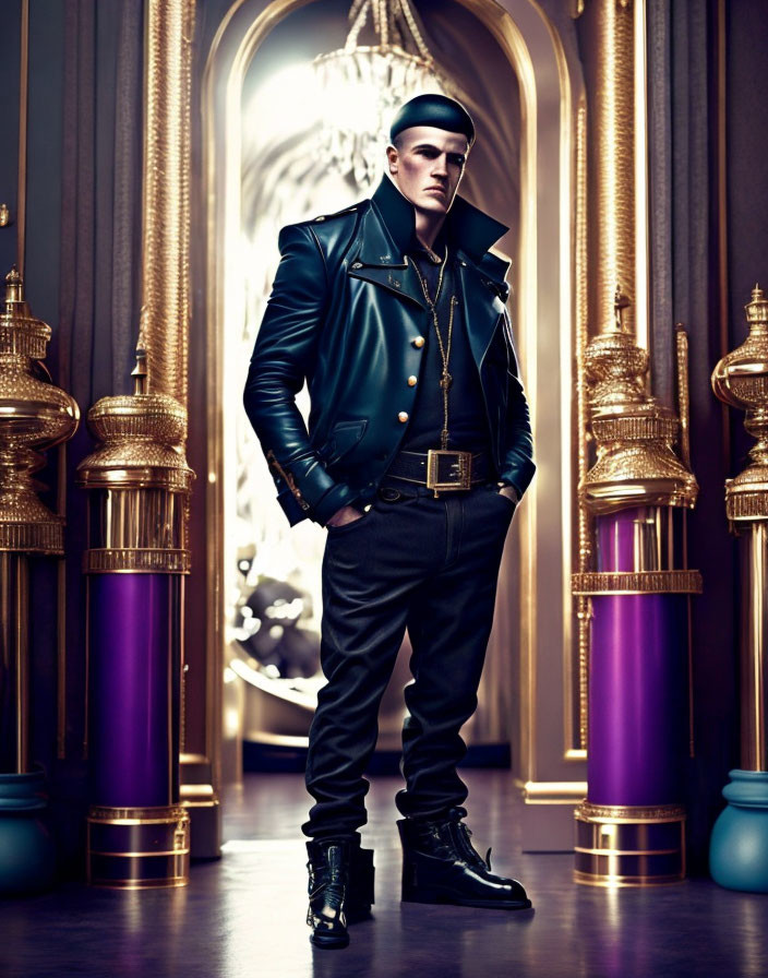 Stylish man in leather jacket and beret with ornate background