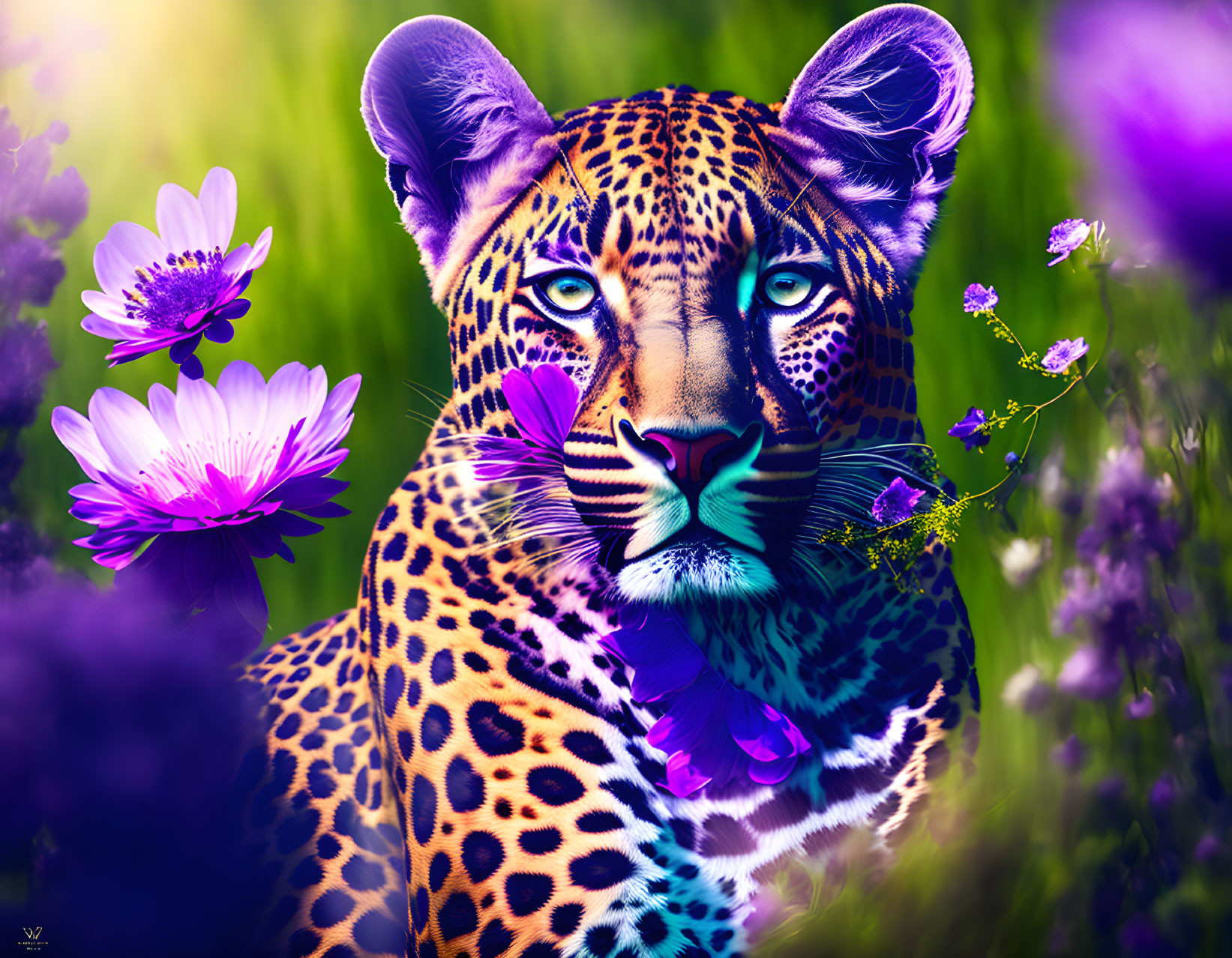 Colorful Leopard Artwork with Blue Eyes and Floral Surroundings