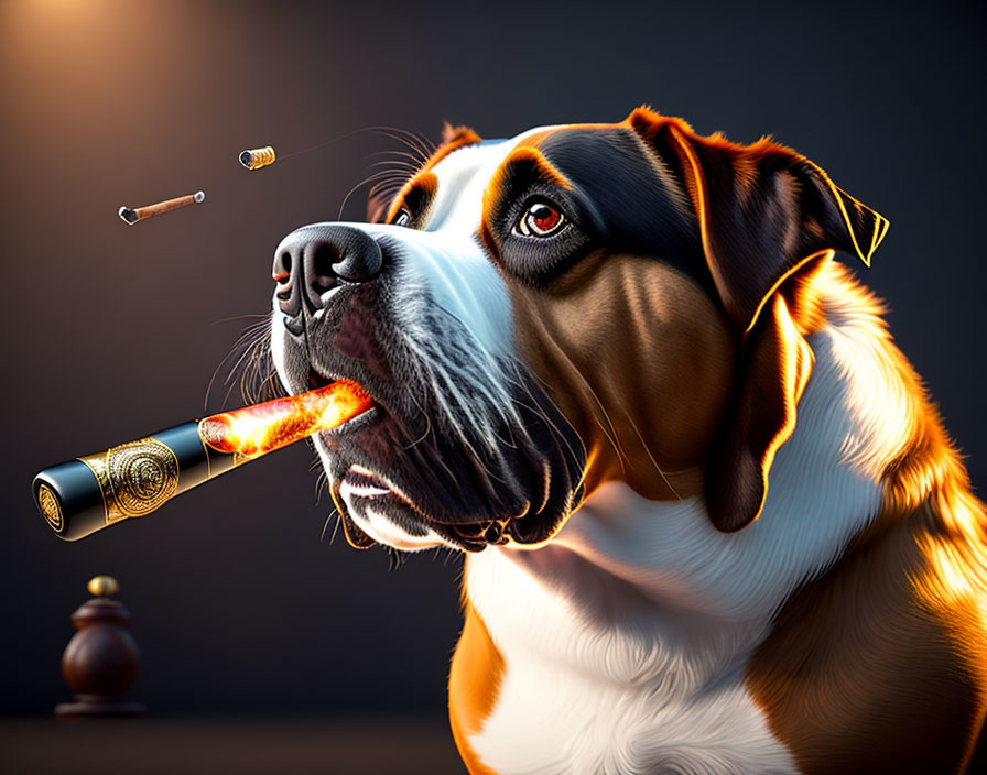 Stylized image of a smoking dog with bullet and brass knuckle.