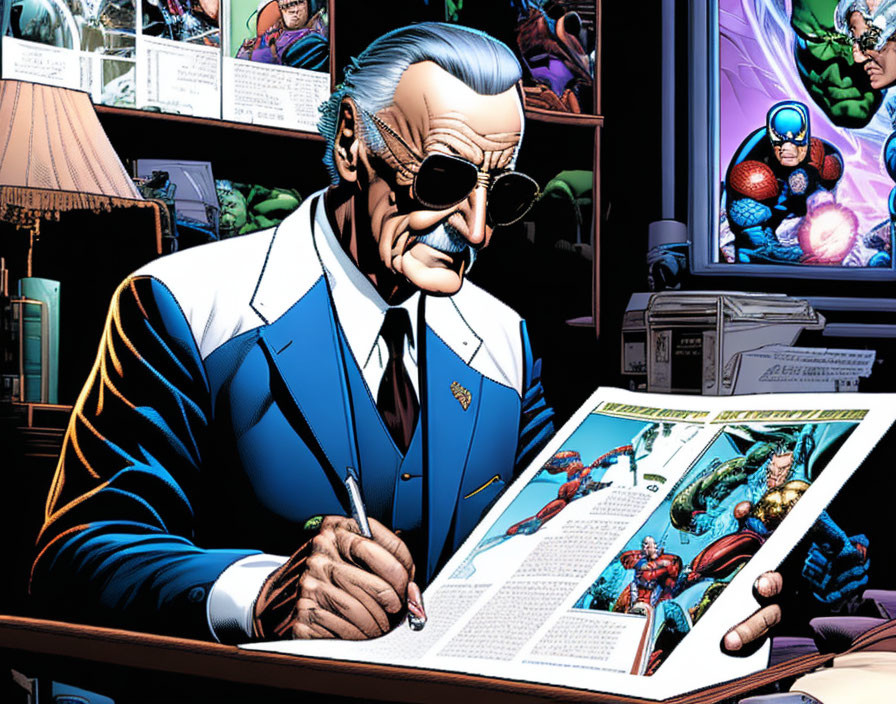 Illustration of man with mustache at desk with comic book pages and superhero images.