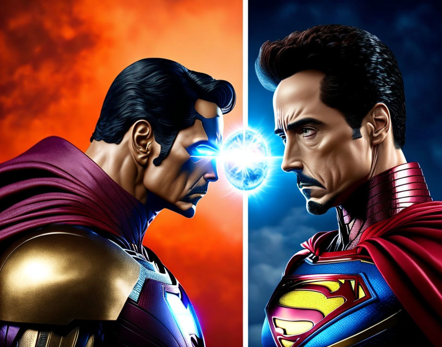 Superheroes in red and blue costume and red and gold armored suit face off with glowing energy between their