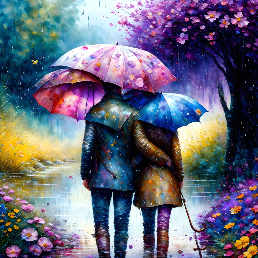 Colorful umbrellas on flower-lined path in rain.