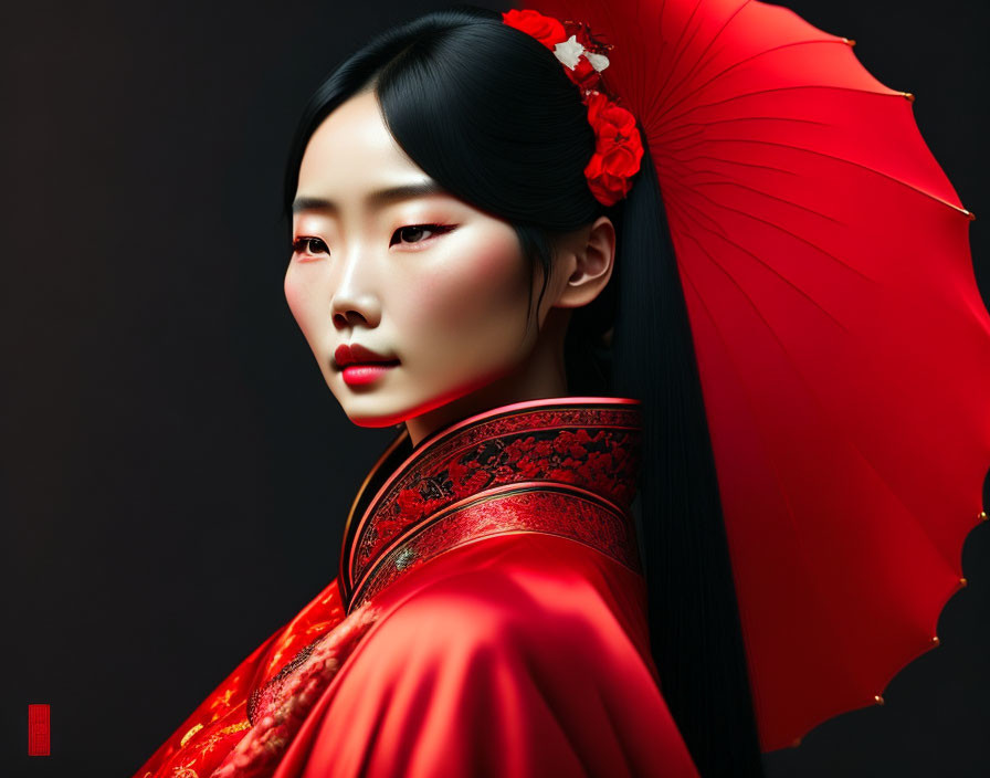 Traditional Asian woman in red dress with umbrella and elegant makeup on dark background