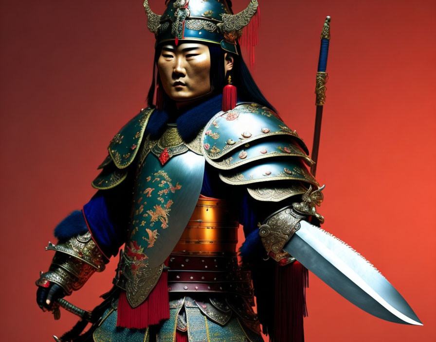 Traditional Asian Armor and Sword on Red Background