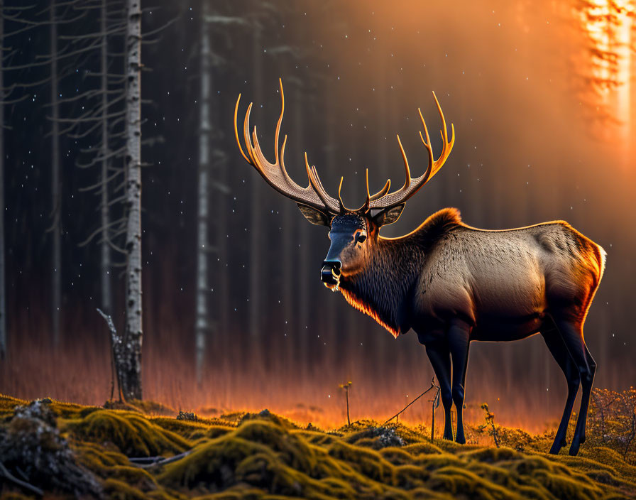 Majestic elk in forest clearing with sunlight and antlers