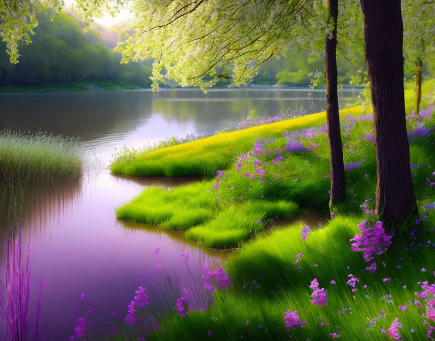 Tranquil riverbank scene with purple flowers, trees, and sunlight filtering through leaves