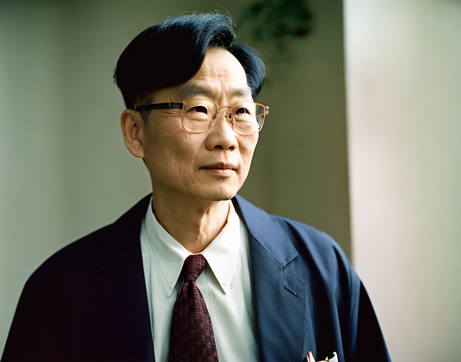 Elderly man in glasses wearing dark suit and tie gazes off-camera