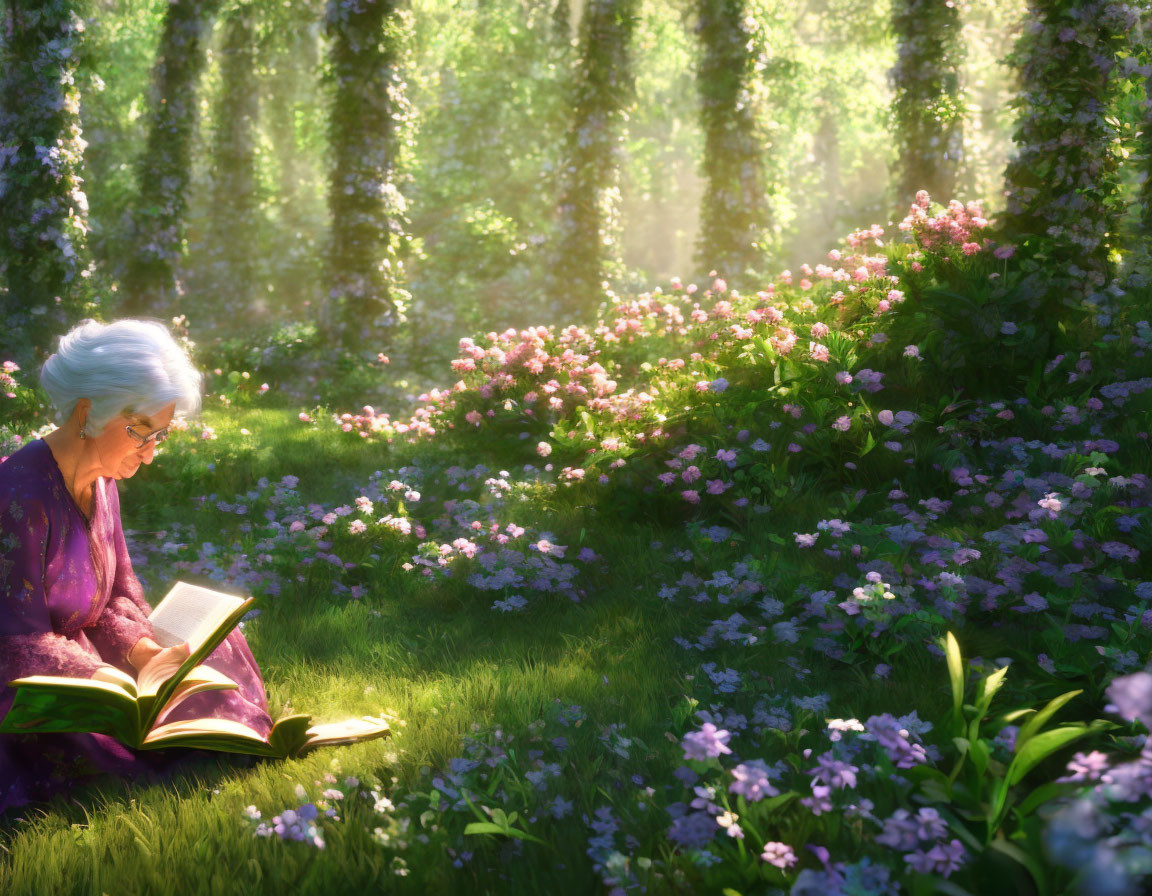 Elderly woman reading book in sunlit forest glade surrounded by flowers