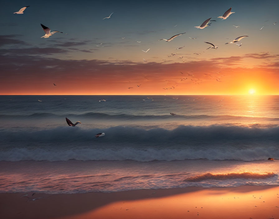 Tranquil Beach Sunset with Birds Flying Over Gentle Waves