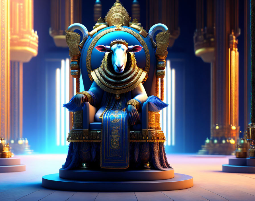 Regal ram-headed character in blue and gold attire on throne in ornate hall