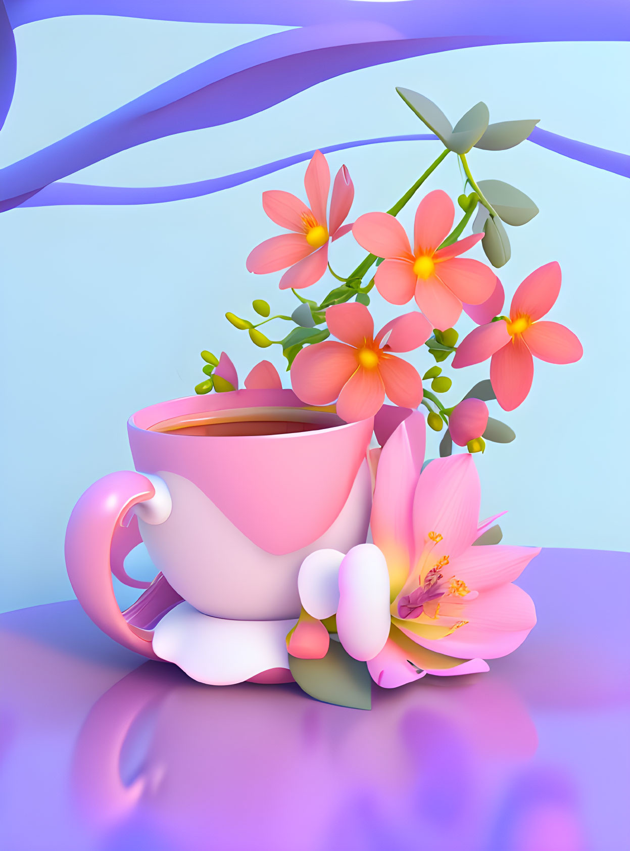 Pink teacup with flowers on blue background