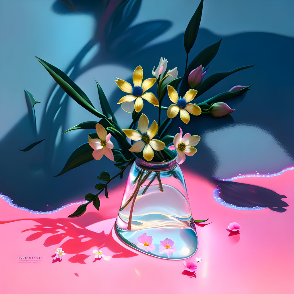 Yellow and Purple Flower Bouquet in Clear Vase on Pink and Blue Background