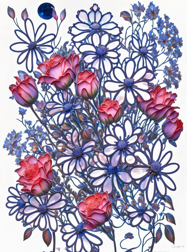 Detailed Blue Flora with Pink Blossoms and Subtle Blue-Purple Hues