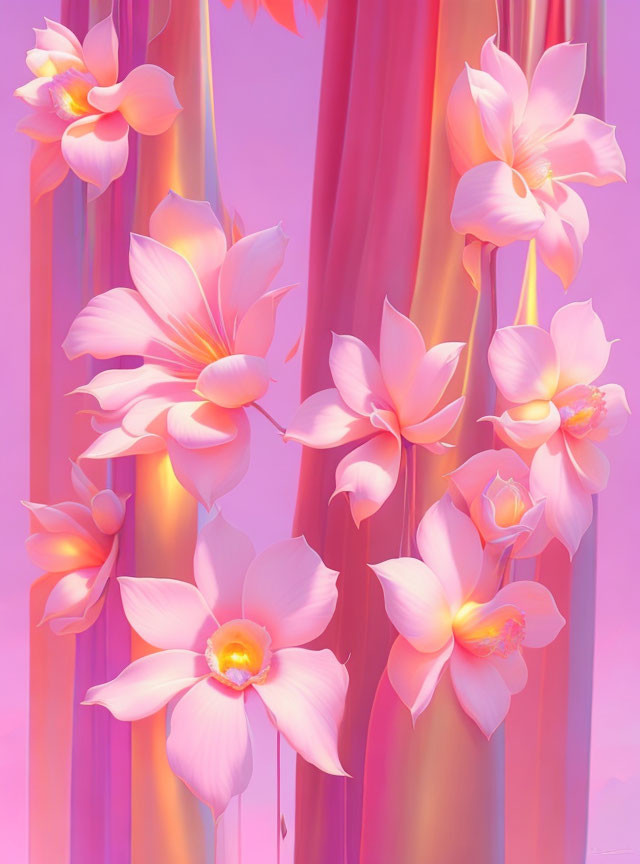 Pink Flowers Blooming on Surreal Pink and Purple Stems