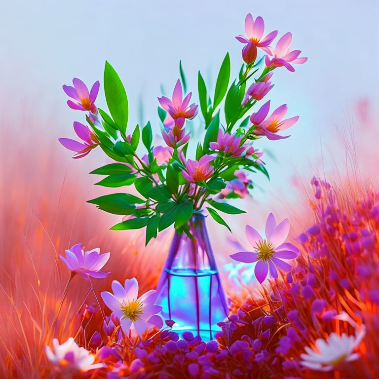 Pink flowers in blue vase on soft-focus background