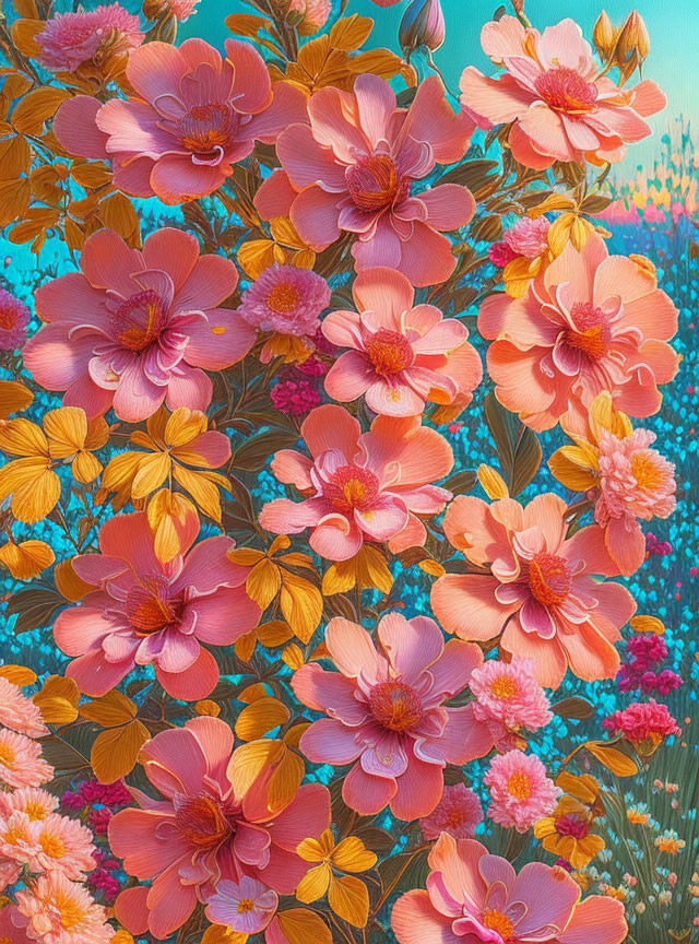 Colorful floral painting with pink flowers and teal background