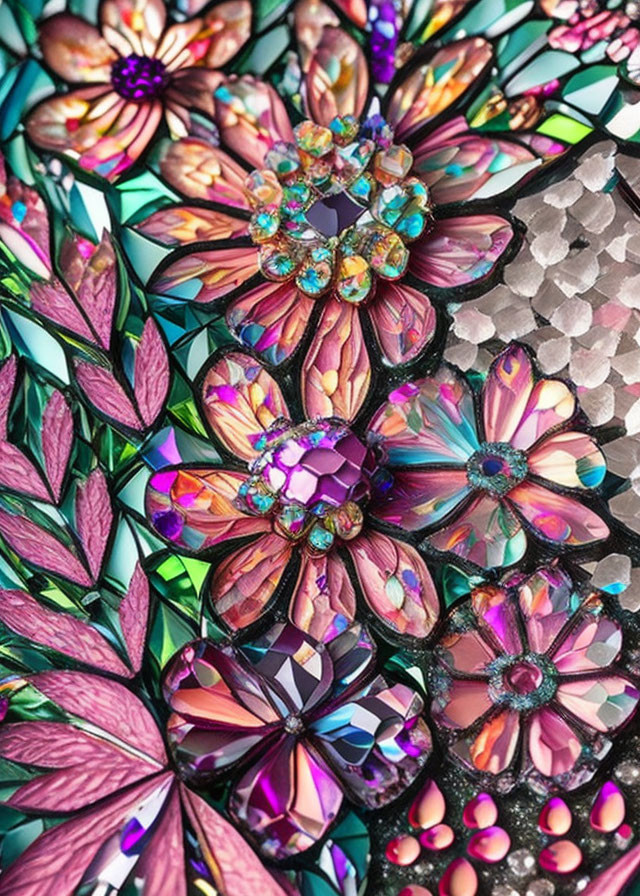 Colorful Mosaic of Iridescent Flowers and Glass Pieces