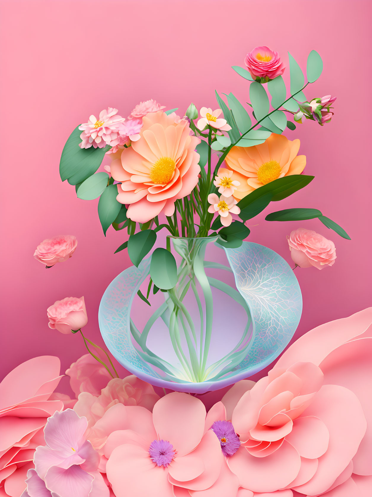 Colorful digital artwork: Glass vase with orange and pink flowers on pink background