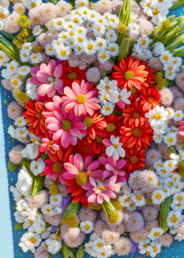 Colorful Heart-Shaped Flower Arrangement on Blue Background